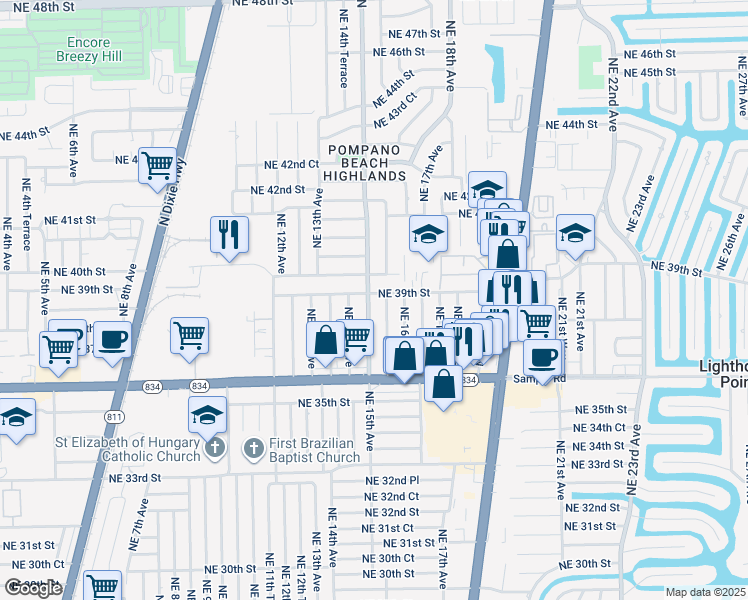 map of restaurants, bars, coffee shops, grocery stores, and more near 3860 Northeast 15th Avenue in Pompano Beach
