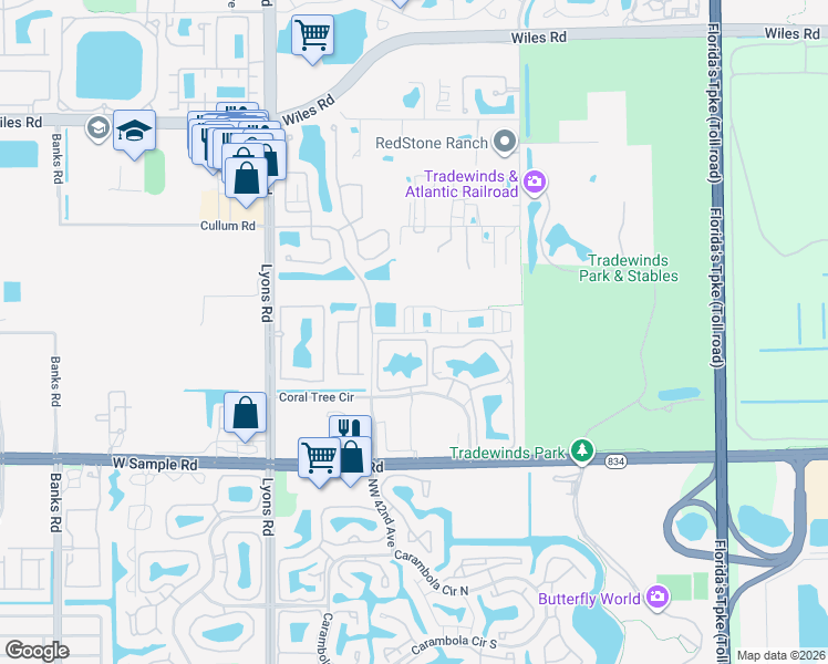 map of restaurants, bars, coffee shops, grocery stores, and more near 3901 Monarch Lane in Coconut Creek