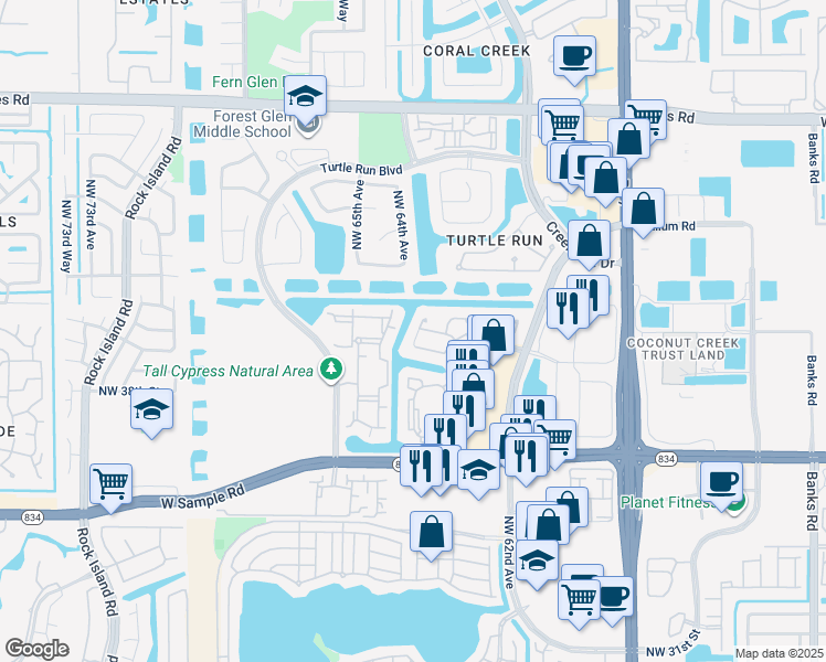 map of restaurants, bars, coffee shops, grocery stores, and more near 6375 Northwest 39th Street in Coral Springs