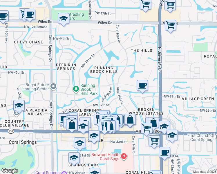 map of restaurants, bars, coffee shops, grocery stores, and more near 3881 Northwest 99th Avenue in Coral Springs