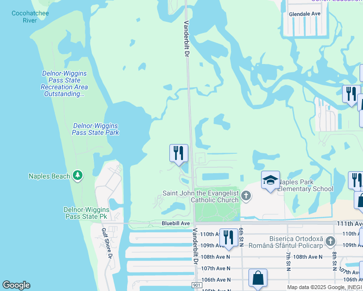 map of restaurants, bars, coffee shops, grocery stores, and more near 265 Indies Way in Naples