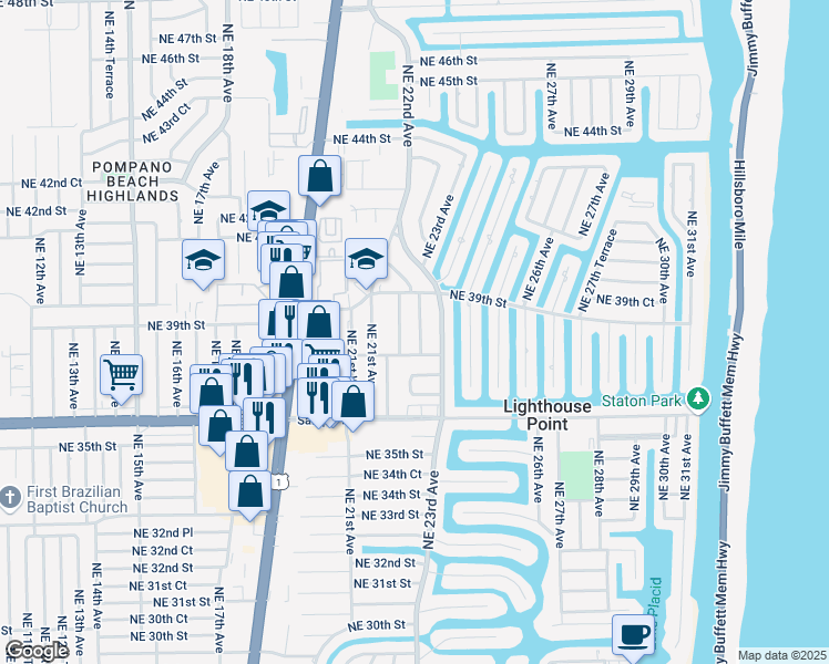 map of restaurants, bars, coffee shops, grocery stores, and more near 3831 Northeast 22nd Way in Lighthouse Point
