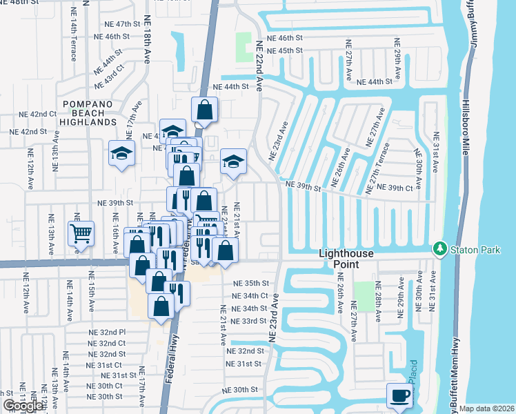 map of restaurants, bars, coffee shops, grocery stores, and more near 3831 Northeast 22nd Way in Lighthouse Point