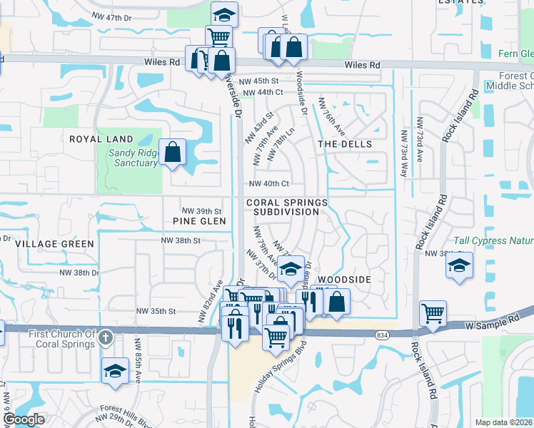 map of restaurants, bars, coffee shops, grocery stores, and more near 7814 Northwest 39th Court in Coral Springs