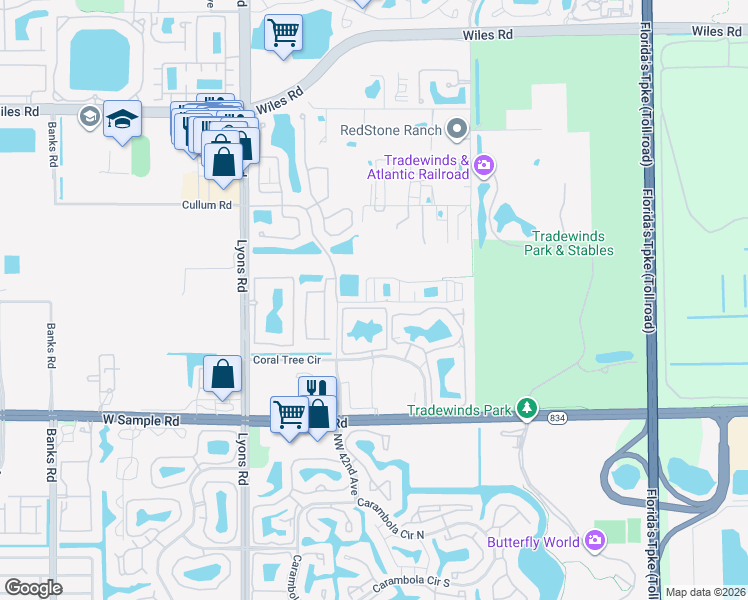 map of restaurants, bars, coffee shops, grocery stores, and more near 3901 Monarch Lane in Coconut Creek