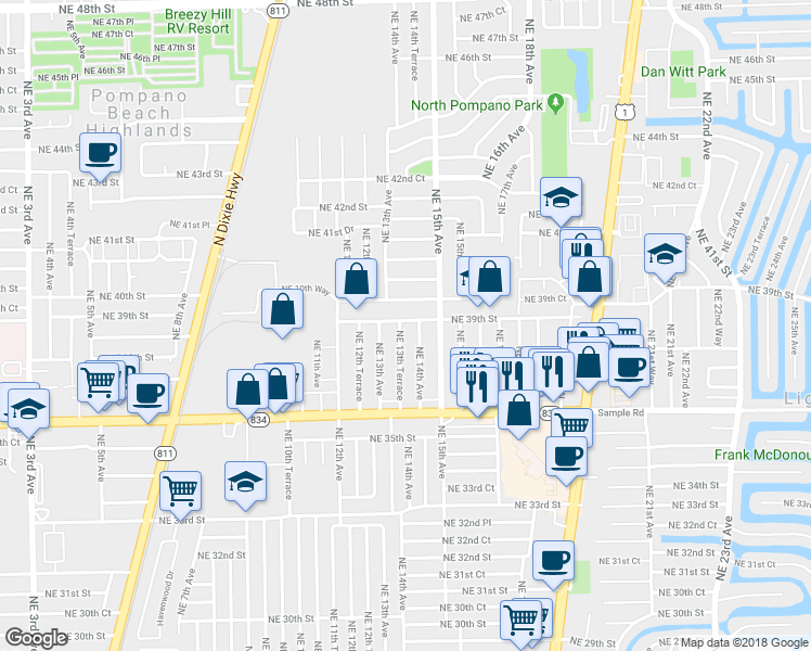 map of restaurants, bars, coffee shops, grocery stores, and more near 1350 Northeast 39th Street in Pompano Beach