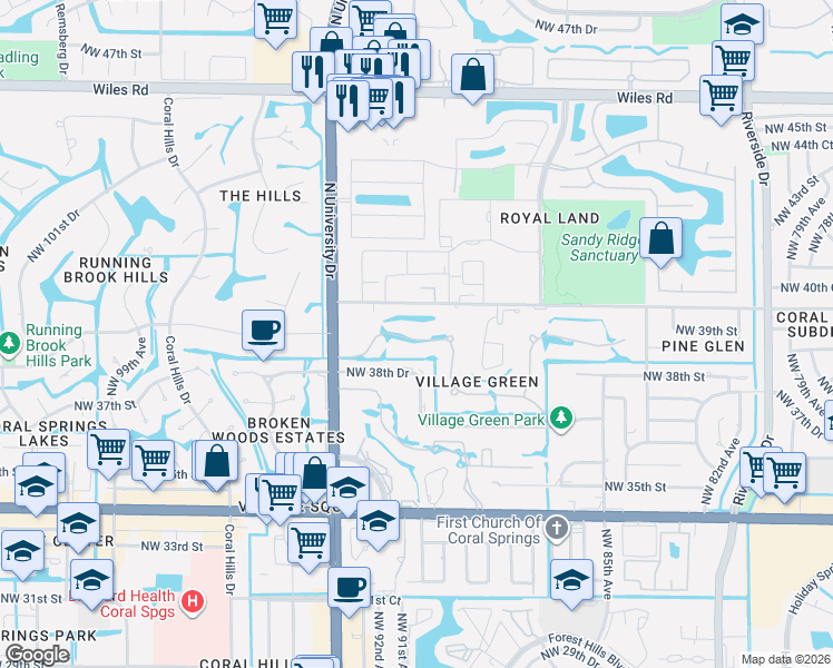 map of restaurants, bars, coffee shops, grocery stores, and more near 9063 Northwest 39th Street in Coral Springs