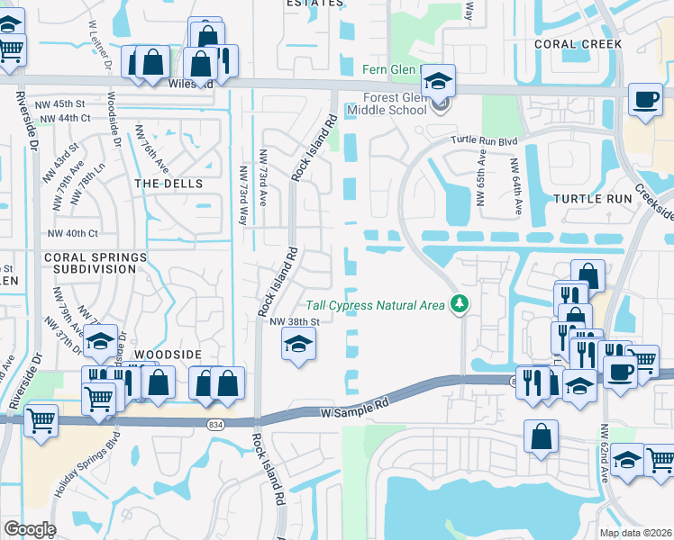 map of restaurants, bars, coffee shops, grocery stores, and more near 3919 Northwest 69th Terrace in Coral Springs