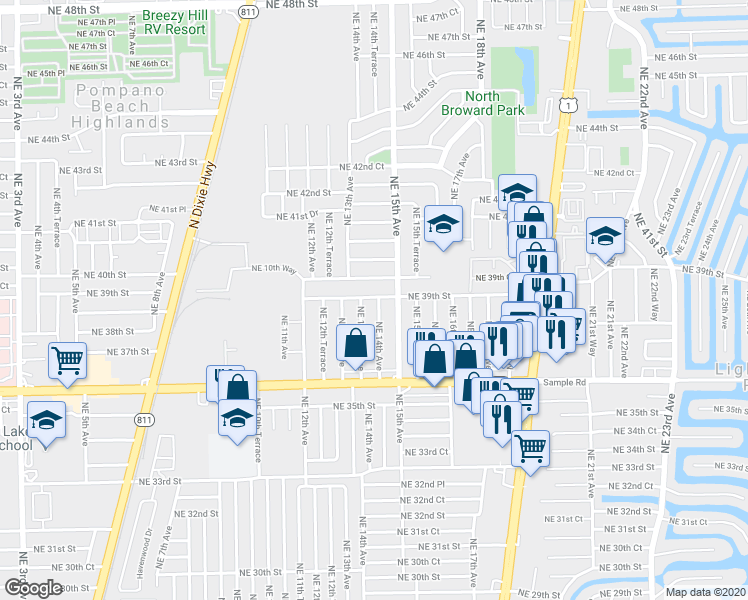 map of restaurants, bars, coffee shops, grocery stores, and more near 1350 Northeast 39th Street in Pompano Beach