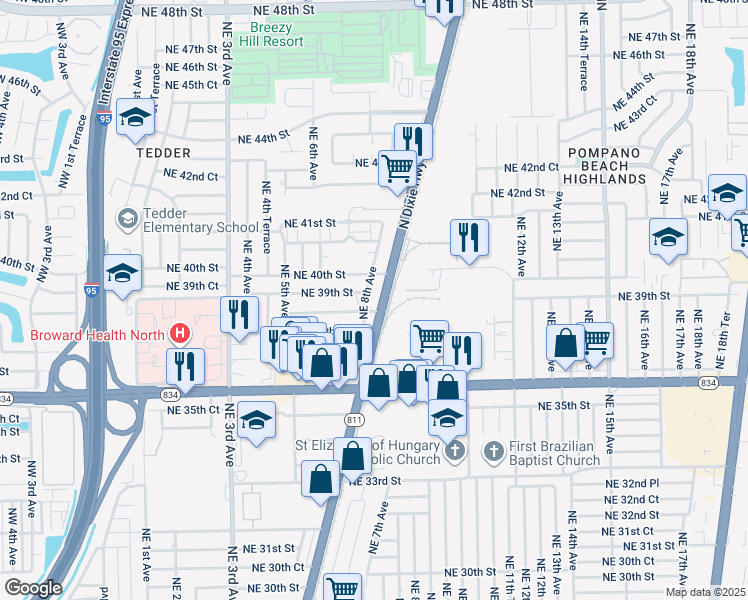 map of restaurants, bars, coffee shops, grocery stores, and more near 3851 North Dixie Highway in Pompano Beach