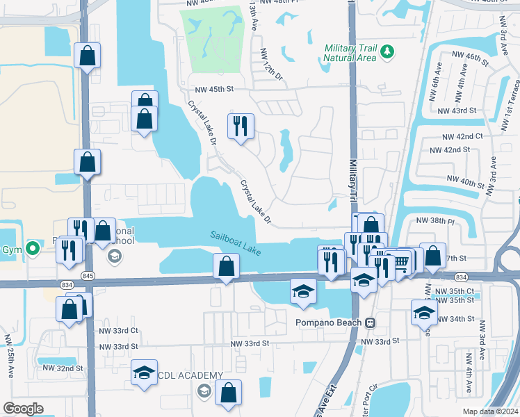 map of restaurants, bars, coffee shops, grocery stores, and more near 3881 Crystal Lake Drive in Lighthouse Point