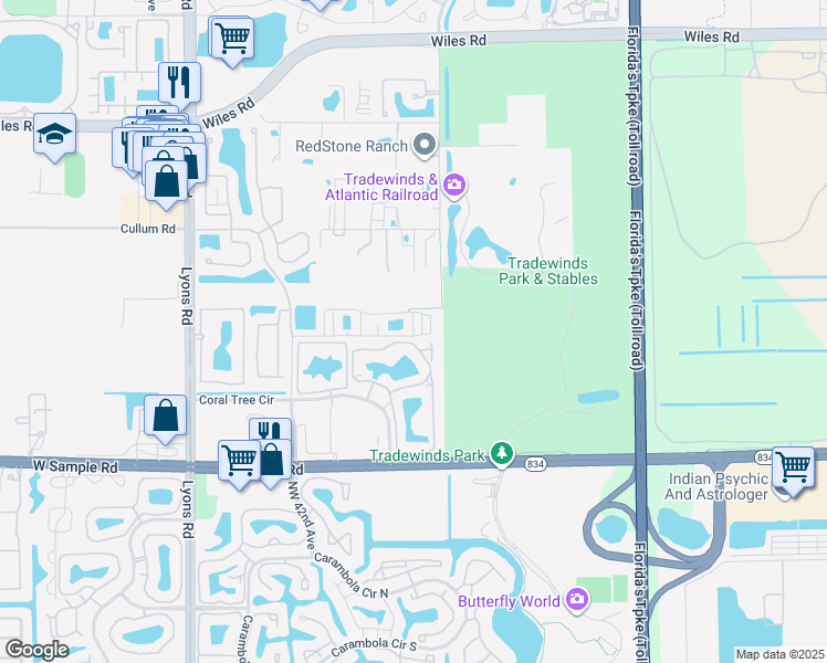 map of restaurants, bars, coffee shops, grocery stores, and more near 3903 Passion Flower Road in Coconut Creek