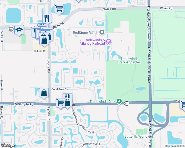 map of restaurants, bars, coffee shops, grocery stores, and more near 3904 Laurel Lane in Coconut Creek