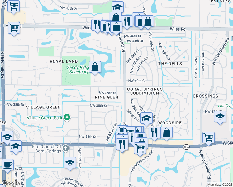 map of restaurants, bars, coffee shops, grocery stores, and more near 3880 Northwest 81st Terrace in Coral Springs