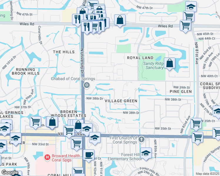 map of restaurants, bars, coffee shops, grocery stores, and more near 9063 Northwest 39th Street in Coral Springs