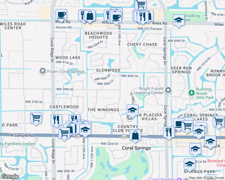 map of restaurants, bars, coffee shops, grocery stores, and more near 11061 Northwest 39th Street in Coral Springs