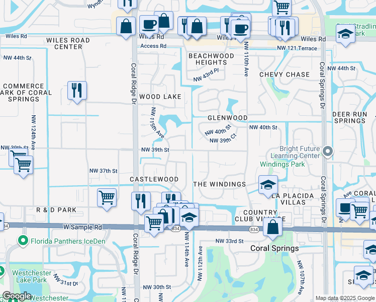 map of restaurants, bars, coffee shops, grocery stores, and more near 11430 Northwest 39th Street in Coral Springs