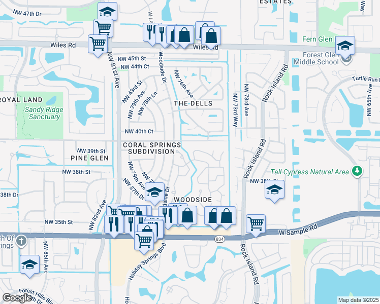 map of restaurants, bars, coffee shops, grocery stores, and more near 7650 Live Oak Drive in Coral Springs