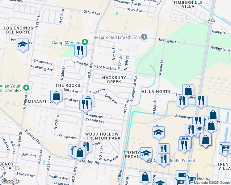 map of restaurants, bars, coffee shops, grocery stores, and more near 2120 Fordham Avenue in McAllen