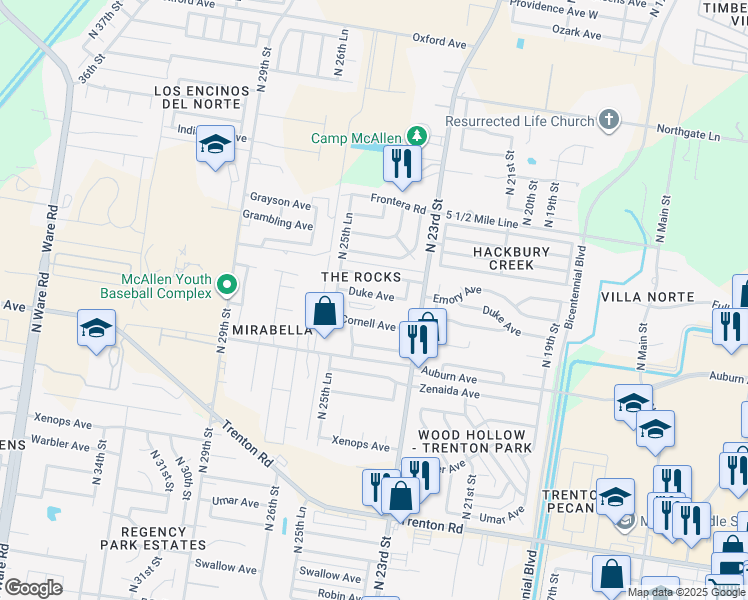 map of restaurants, bars, coffee shops, grocery stores, and more near 2417 Duke Avenue in McAllen