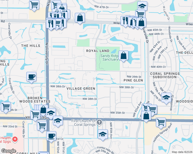 map of restaurants, bars, coffee shops, grocery stores, and more near 8675 Northwest 39th Court in Coral Springs