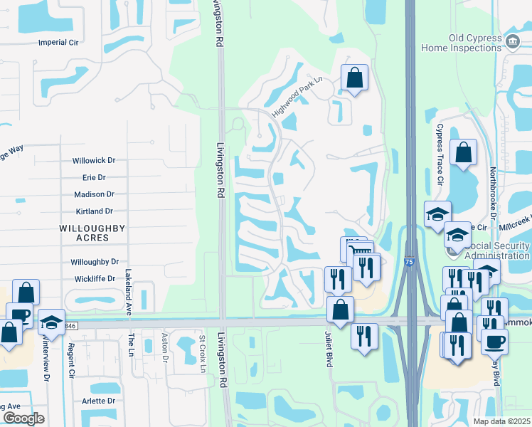map of restaurants, bars, coffee shops, grocery stores, and more near 5430 Worthington Lane in Naples