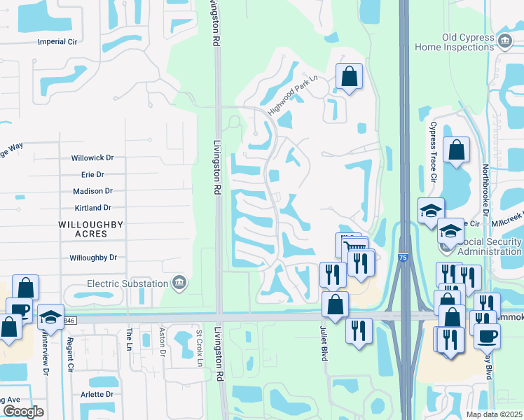 map of restaurants, bars, coffee shops, grocery stores, and more near 5430 Worthington Lane in Naples