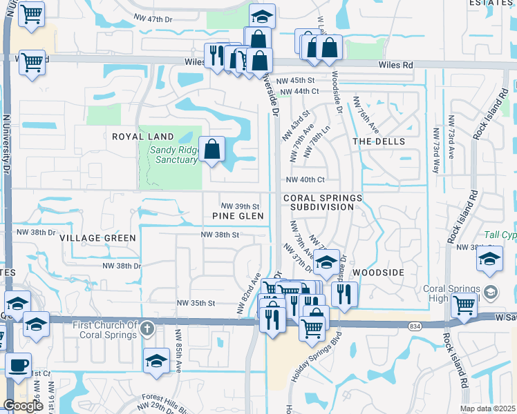 map of restaurants, bars, coffee shops, grocery stores, and more near 3880 Northwest 81st Terrace in Coral Springs