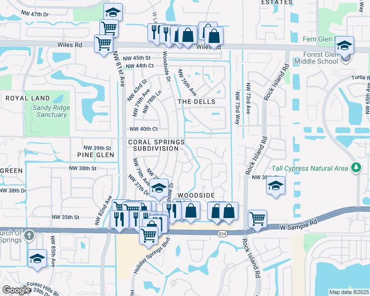 map of restaurants, bars, coffee shops, grocery stores, and more near 3963 Jasmine Lane in Coral Springs