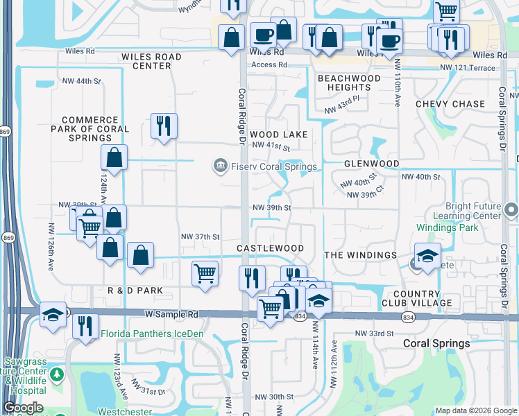 map of restaurants, bars, coffee shops, grocery stores, and more near 3400 Northwest 39th Street in Coral Springs