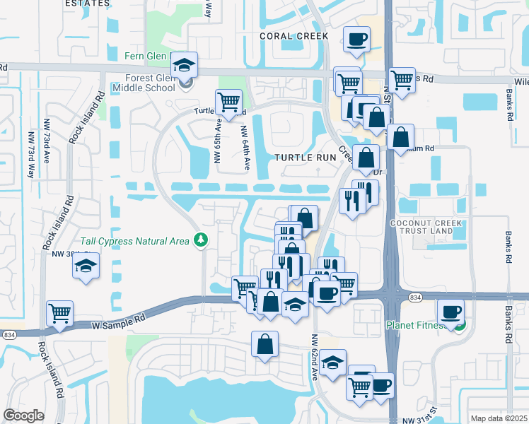 map of restaurants, bars, coffee shops, grocery stores, and more near 6375 Northwest 39th Street in Coral Springs