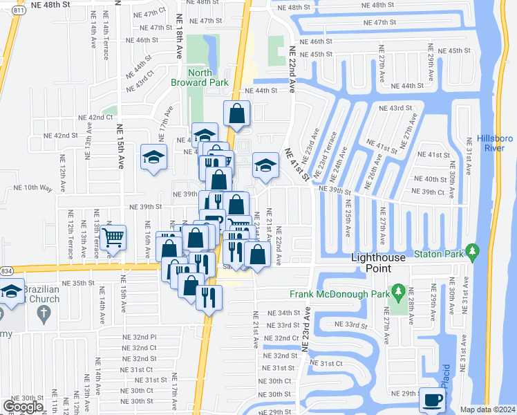 map of restaurants, bars, coffee shops, grocery stores, and more near 12a Northeast 21st Avenue in Lighthouse Point