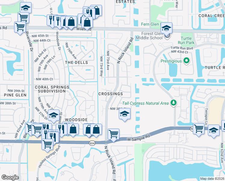 map of restaurants, bars, coffee shops, grocery stores, and more near 3902 Northwest 72nd Drive in Coral Springs