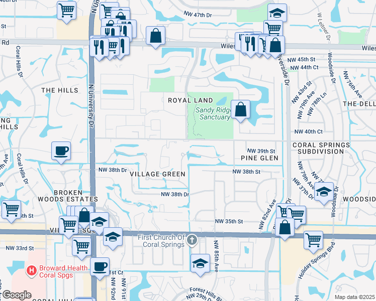 map of restaurants, bars, coffee shops, grocery stores, and more near 8675 Northwest 39th Court in Coral Springs