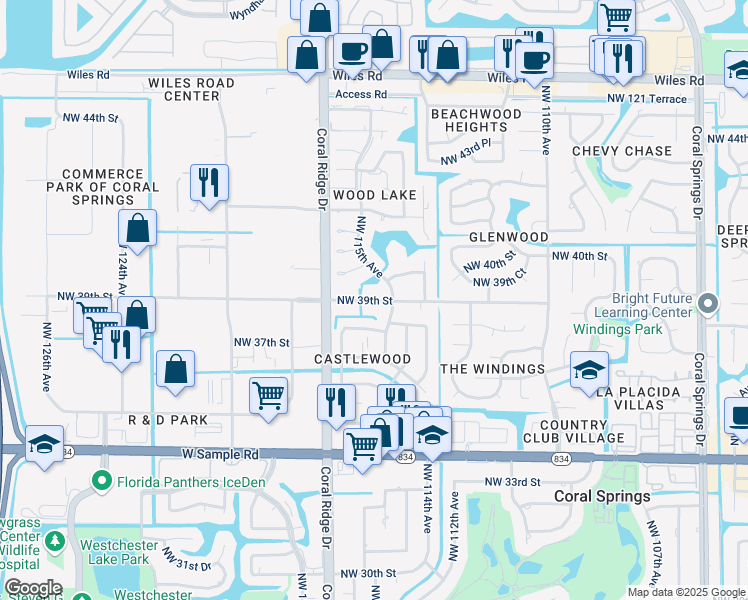 map of restaurants, bars, coffee shops, grocery stores, and more near 11560 Northwest 39th Street in Coral Springs