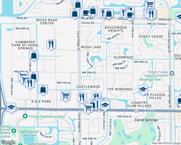 map of restaurants, bars, coffee shops, grocery stores, and more near 11560 Northwest 39th Street in Coral Springs