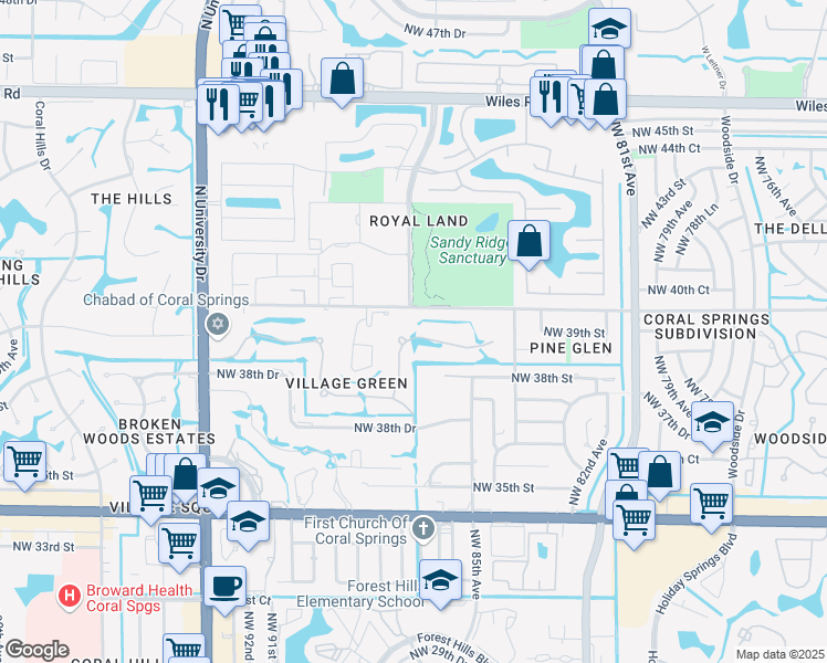 map of restaurants, bars, coffee shops, grocery stores, and more near 8675 Northwest 39th Court in Coral Springs