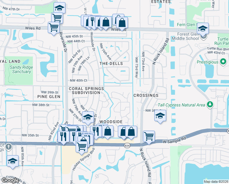 map of restaurants, bars, coffee shops, grocery stores, and more near 7650 Live Oak Drive in Coral Springs