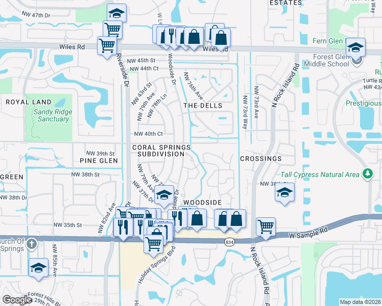 map of restaurants, bars, coffee shops, grocery stores, and more near 7650 Live Oak Drive in Coral Springs