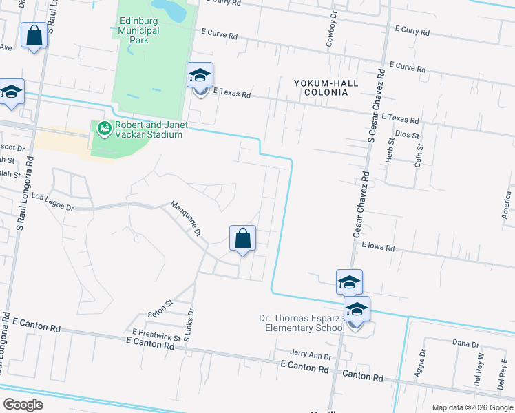 map of restaurants, bars, coffee shops, grocery stores, and more near 1616 South Raul Longoria Road in Edinburg
