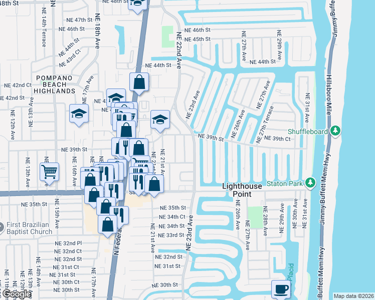 map of restaurants, bars, coffee shops, grocery stores, and more near 3831 Northeast 22nd Way in Lighthouse Point