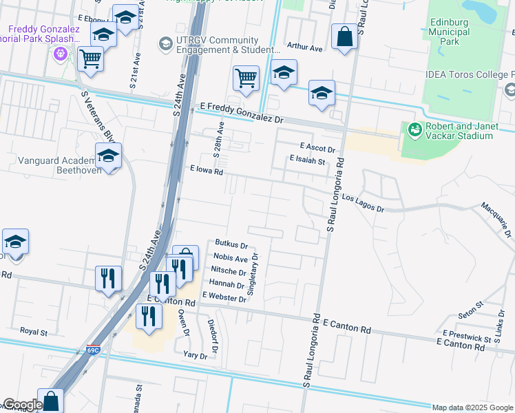 map of restaurants, bars, coffee shops, grocery stores, and more near 2103 Cypress Street in Edinburg
