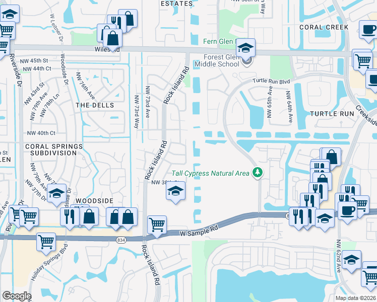 map of restaurants, bars, coffee shops, grocery stores, and more near 3919 Northwest 69th Terrace in Coral Springs