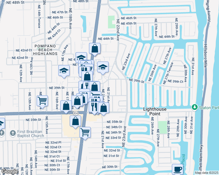 map of restaurants, bars, coffee shops, grocery stores, and more near 12a Northeast 21st Avenue in Lighthouse Point