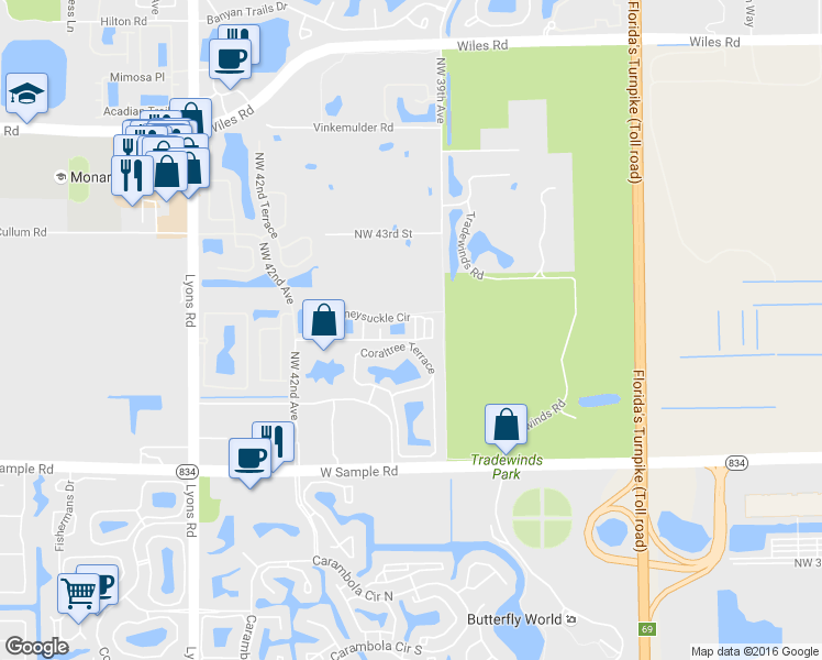 map of restaurants, bars, coffee shops, grocery stores, and more near 3903 Passion Flower Road in Coconut Creek
