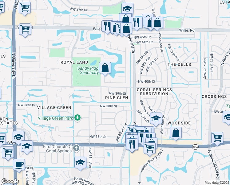 map of restaurants, bars, coffee shops, grocery stores, and more near 3873 Northwest 83rd Terrace in Coral Springs