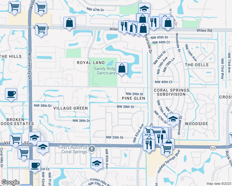 map of restaurants, bars, coffee shops, grocery stores, and more near 3811 Northwest 84th Avenue in Coral Springs