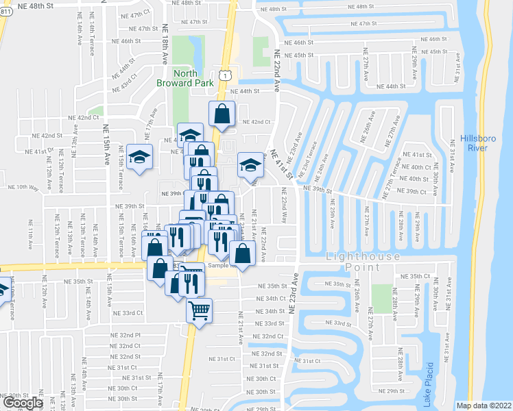 map of restaurants, bars, coffee shops, grocery stores, and more near 12a Northeast 21st Avenue in Lighthouse Point