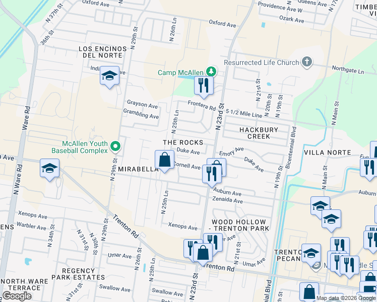 map of restaurants, bars, coffee shops, grocery stores, and more near 2417 Duke Avenue in McAllen