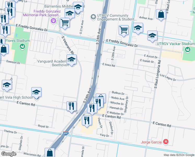 map of restaurants, bars, coffee shops, grocery stores, and more near South Expressway 281 in Edinburg